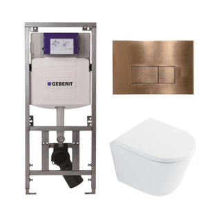 QeramiQ Dely Toiletset - 36.3x51.7cm - diepspoel - rimless - Geberit UP320 inbouwreservoir - met Burda frame - softclose toilet zitting 35 mm - koperen bedieningsplaat - rechthoekige knoppen - wit glans