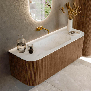 MONDIAZ KURVE-DLUX 130cm Meuble salle de bain avec module 25 G et D - couleur Walnut - 1 tiroir - 2 portes - vasque BIG SMALL centre - sans trou de robinet - couleur Opalo