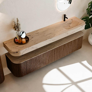 MONDIAZ THOR-DLUX 200cm meuble de salle de bains arrondi gauche + droite couleur Walnut avec 2 tiroirs et 2 portes. Vasque suspendue CLOUD Droite 1 trou de robinet couleur Arena.