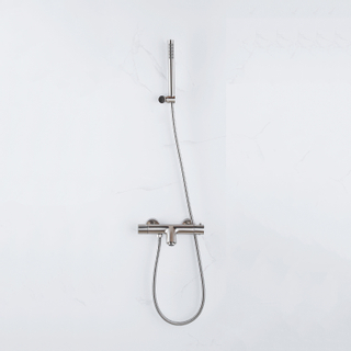 FortiFura Calvi Robinet de baignoire thermostatique avec douchette stick, support et flexible en métal Inox brossé PVD