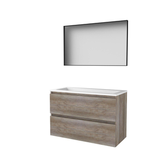 Basic-Line ensemble de meubles de salle de bain 46cm 100x46cm sans poignée 2 tiroirs vasque acrylique 0 trous de robinetterie miroir cadre aluminium noir mat tout autour mfc scotch oak