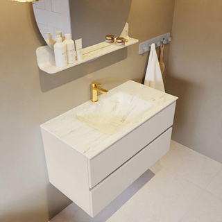 Mondiaz VICA-DLUX Ensemble de meuble de salle de bain - 90cm - meuble sous-vasque lin - 2 tiroirs - lavabo encastré nuage milieu - 1 trou de robinet - miroir modèle spot - version XL 60cm haut - opalo