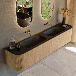 MONDIAZ KURVE 200cm Meuble salle de bain avec module 25 G et D - couleur Oak - 2 tiroirs - 2 portes - vasque BIG SMALL double - sans trous de robinet - Urban