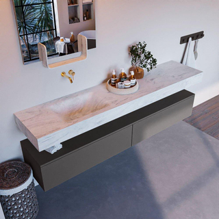 Mondiaz ALAN-DLUX Ensemble de meuble - 200cm - meuble Dark grey mat - 2 tiroirs - Lavabo Cloud Opalo suspendu - vasque Gauche - 0 trous de robinet
