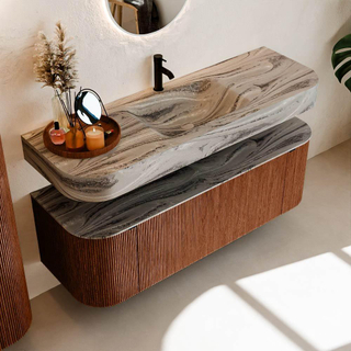 MONDIAZ THOR-DLUX 140cm meuble de salle de bains arrondi gauche + droite couleur Ruby avec 1 tiroir et 2 portes. Vasque suspendue CLOUD Milieu 1 trou de robinet couleur Sombra.