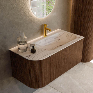 MONDIAZ KURVE-DLUX 95cm badmeubel ronding Links kleur Walnut met 1 lade en 1 deur. Wastafel BIG SMALL Rechts 1 kraangat Nata.