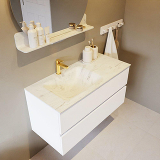 Mondiaz VICA-DLUX ensemble de meuble de salle de bain - 100cm - meuble sous lavabo talc - 2 tiroirs - lavabo encastré cloud gauche - 1 trou de robinet - version haute de 60cm - opalo