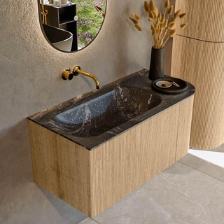 MONDIAZ KURVE-DLUX 95cm Meuble salle de bain avec module 25 D - couleur Oak - 1 tiroir - 1 porte - vasque BIG SMALL gauche - sans trou de robinet - couleur Lava