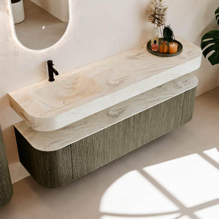 MONDIAZ THOR-DLUX 170cm meuble de salle de bains arrondi gauche + droite couleur Shadow avec 1 tiroir et 2 portes. Vasque suspendue CLOUD gauche 1 trou de robinet couleur Ostra.