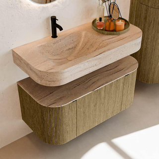 MONDIAZ THOR-DLUX 100cm meuble de salle de bains arrondi gauche + droite couleur Dusk avec 1 tiroir et 2 portes. Vasque suspendue CLOUD Gauche 1 trou de robinet couleur Saba.