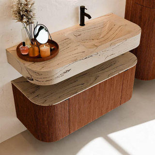 MONDIAZ THOR-DLUX 110cm meuble de salle de bains arrondi gauche + droite couleur Ruby avec 1 tiroir et 2 portes. Vasque suspendue CLOUD droite 1 trou de robinet couleur Arena.