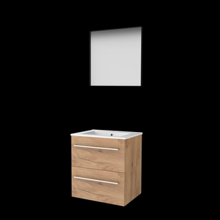 Basic-Line ensemble de meubles de salle de bain 60x46cm avec poignées 2 tiroirs lavabo en porcelaine 1 trou pour robinet miroir cadre aluminium noir mat tout autour mfc whisky oak