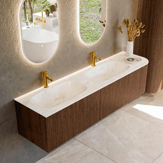 MONDIAZ KURVE-DLUX 175cm Meuble salle de bain avec module 25 D - couleur Walnut - 2 tiroirs - 1 porte - vasque STOR SMALL double / gauche - 2 trous de robinet - couleur Ostra