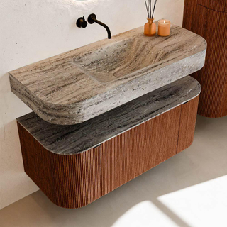 MONDIAZ THOR-DLUX 110cm meuble de salle de bains arrondi gauche + droite couleur Ruby avec 1 tiroir et 2 portes. Vasque suspendue CLOUD Milieu sans trou de robinet couleur Oza.