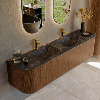 MONDIAZ KURVE-DLUX 180cm Meuble salle de bain avec module 25 G et D - couleur Walnut - 2 tiroirs - 2 portes - vasque LEAF double - 2 trous de robinet - couleur Lava