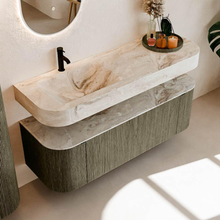 MONDIAZ THOR-DLUX 140cm meuble de salle de bains arrondi gauche + droite couleur Shadow avec 1 tiroir et 2 portes. Vasque suspendue CLOUD Gauche 1 trou de robinet couleur Frappe.