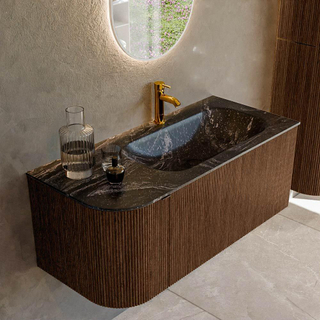 MONDIAZ KURVE-DLUX 105cm Meuble salle de bain avec module 25 G - couleur Walnut - 1 tiroir - 1 porte - vasque BIG SMALL droite - 1 trou de robinet - couleur Lava