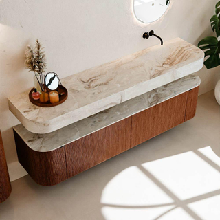 MONDIAZ THOR-DLUX Meuble de salle de bains - 190cm - arrondi gauche + droite - couleur Ruby - 2 tiroirs et 2 portes - Vasque suspendue CLOUD droite sans trou de robinet - couleur Frappe