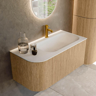 MONDIAZ KURVE 95cm Meuble salle de bain avec module 25 G - couleur Oak - 1 tiroir - 1 porte - vasque BIG SMALL droite - 1 trou de robinet - Talc