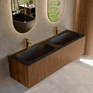 MONDIAZ KURVE 150cm Meuble salle de bain - couleur Walnut - 2 tiroirs - vasque BIG SMALL double - 2 trous de robinet - Urban