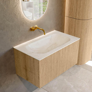 MONDIAZ KURVE-DLUX 80cm Meuble salle de bain - couleur Oak - 1 tiroir - vasque BIG SMALL centre - sans trou de robinet - couleur Ostra