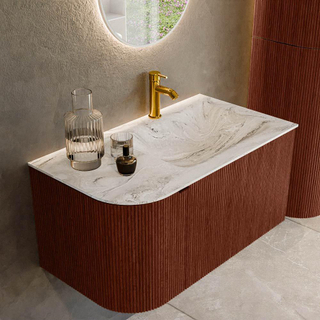 Mondiaz KURVE-DLUX Ensemble de meuble salle de bain - 85x46x40cm - 1 tiroir - 1 porte - lavabo en solid surface - droite - 1 trou de robinet - Ruby