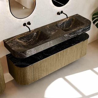 MONDIAZ THOR-DLUX 160cm meuble de salle de bains arrondi gauche + droite couleur Dusk avec 1 tiroir et 2 portes. Vasque suspendue CLOUD Double sans trou de robinet couleur Lava.