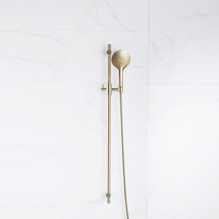 FortiFura Calvi Ensemble de douche avec barre curseur - douchette ronde - flexible en métal - Laiton brossé (doré)