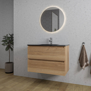 Adema Chaci Meuble salle de bain - 80x46x55cm - 1 vasque en céramique noire - 1 trou de robinet - 2 tiroirs - miroir rond avec éclairage - canelle