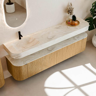 MONDIAZ THOR-DLUX 200cm meuble de salle de bains arrondi gauche + droite couleur Oak avec 2 tiroirs et 2 portes. Vasque suspendue CLOUD Gauche 1 trou de robinet couleur Ostra.