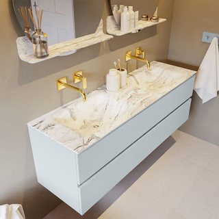 Mondiaz VICA-DLUX Ensemble de meuble de salle de bain - 150cm - meuble sous-vasque argile - 2 tiroirs - lavabo encastré nuage double - sans trous de robinet - version haute de 60cm - glace