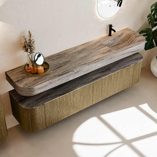 MONDIAZ THOR-DLUX Meuble de salle de bains - 200cm - arrondi gauche + droite - couleur Dusk - 2 tiroirs et 2 portes - Vasque suspendue CLOUD droite 1 trou de robinet - couleur Oza