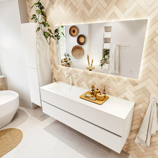 MONDIAZ VICA meuble sous lavabo 150cm Talc 2 tiroirs. Lavabo CLOUD gauche 1 trou de robinet, couleur Talc.