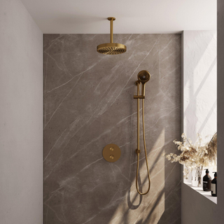 BRAUER Stripe Douche de pluie thermostatique encastrée - 3 voies - ronde - SET 48 - pomme de douche 25cm - bras de plafond - douchette 3 positions - flexible de douche - barre coulissante intégrée - PVD doré brossé