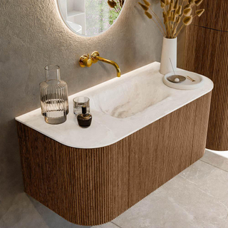 MONDIAZ KURVE-DLUX 100cm Meuble salle de bain avec module 25 G et D - couleur Walnut - 1 tiroir - 2 portes - vasque GRUNNE centre - sans trou de robinet - couleur Frappe