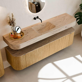 MONDIAZ THOR-DLUX 180cm meuble de salle de bains arrondi gauche + droite couleur Chêne avec 2 tiroirs et 2 portes. Vasque suspendue CLOUD Milieu sans trou de robinet couleur Arena.