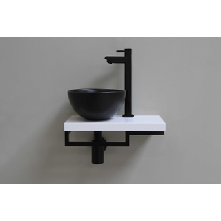 Proline fonteinset compleet met keramieken waskom mat zwart links, wit blad, kraan, sifon en afvoerplug mat zwart