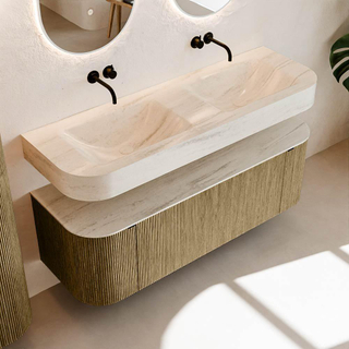 MONDIAZ THOR-DLUX 140cm meuble de salle de bains arrondi gauche + droite couleur Dusk avec 1 tiroir et 2 portes. Vasque suspendue CLOUD Double sans trou de robinet couleur Meli.