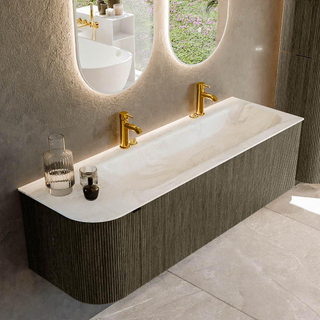 Ensemble de meuble de salle de bain Mondiaz KURVE-DLUX - 145x46x40cm - 1 tiroir - 1 porte - lavabo en solid surface - droite - 2 trous de robinet - Shadow