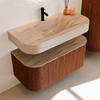 MONDIAZ THOR-DLUX Meuble de salle de bains - 100cm - arrondi gauche + droite - couleur Ruby - 1 tiroir - 2 portes - Vasque suspendue CLOUD Milieu 1 trou de robinet couleur Saba