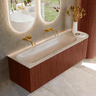 MONDIAZ KURVE-DLUX 145cm badmeubel ronding Rechts kleur Ruby met 1 lade en 1 deur. Wastafel BIG LARGE Links zonder kraangat Meli.