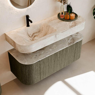 MONDIAZ THOR-DLUX 120cm meuble de salle de bains arrondi gauche + droite couleur Shadow avec 1 tiroir et 2 portes. Vasque suspendue CLOUD Gauche 1 trou de robinet couleur Frappe.