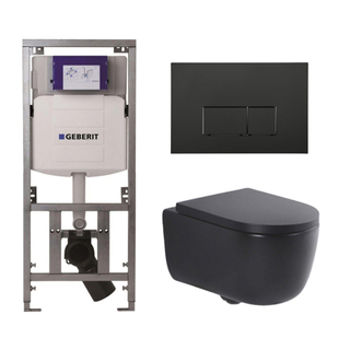 QeramiQ Dely Swirl Toiletset - 36.3x51.7cm - Geberit UP320 inbouwreservoir - met Burda frame - 35mm zitting - mat zwarte metalen bedieningsplaat - rechthoekige knoppen - mat zwart