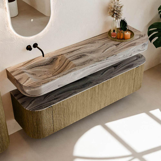 MONDIAZ THOR-DLUX Meuble de salle de bains 170cm arrondi gauche + droite couleur Dusk avec 1 tiroir et 2 portes. Vasque suspendue CLOUD Gauche sans trou de robinet couleur Sombra.