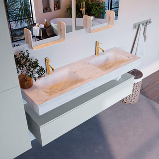 Mondiaz ALAN-DLUX Ensemble de meuble - 150cm - meuble Clay mat - 1 tiroir - Lavabo Cloud Opalo suspendu - vasque Gauche et droite - 2 trous de robinet