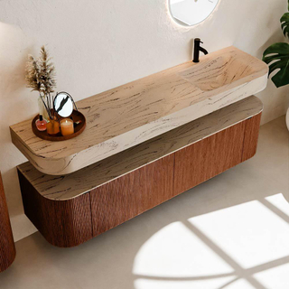 MONDIAZ THOR-DLUX 180cm meuble de salle de bains arrondi gauche + droite couleur Ruby avec 2 tiroirs et 2 portes. Vasque suspendue CLOUD Droite 1 trou de robinet couleur Arena.