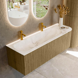 Mondiaz KURVE-DLUX Badkamermeubelset - 145x46x40cm - 1 lade - 1 deur - wastafel solid surface - links - 2 kraangaten - Dusk