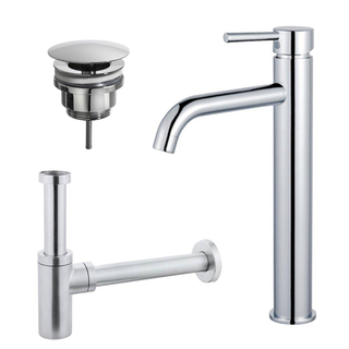 FortiFura Calvi Kit mitigeur lavabo - robinet rehaussé - bonde nonobturable - siphon design - Chrome brillant