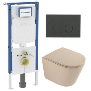 QeramiQ Dely Toiletset - 36.3x51.7cm - diepspoel - rimless - Geberit UP720 inbouwreservoir - softclose toilet zitting - bedieningsplaat mat antraciet - ronde knoppen - mat beige