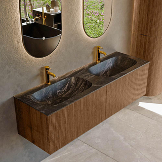 MONDIAZ KURVE-DLUX 150cm Meuble salle de bain - couleur Walnut - 2 tiroirs - vasque STOR SMALL double - 2 trous de robinet - couleur Lava